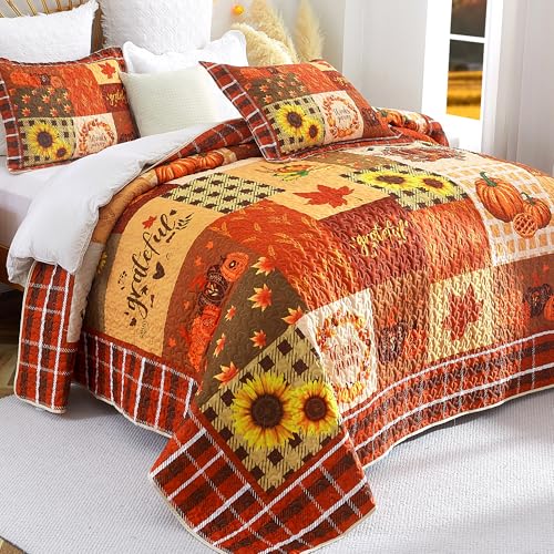 EVENHUG Fall Quilt Queen Size Bedding Set with Pillow Shams - Orange Brown Floral Pumpkin Design, 3 Pieces
