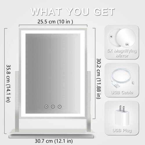 HIEEY Lighted Makeup Mirror, 14.1" x 12.1" Hollywood Vanity Mirror with Lights, Three Color Lighting Modes, and 5X Magnification Mirror, Smart Touch Control, 360°Rotation (White,Gift Box)