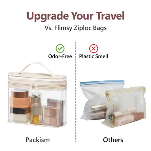 PACKISM TSA Approved Toiletry Bag 2 Pack - Quart Size Clear Makeup Bag with Handle & Dual Metal Zippers, Large Opening 3-1-1 Airline Compliant Security Travel Organizer for Carry On Liquids, Beige