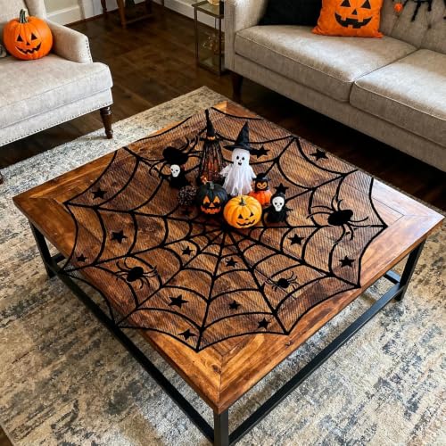 Heyigrow 15 Pcs Spider Web Halloween Decorations Set - Black Lace Cobweb Table Runner