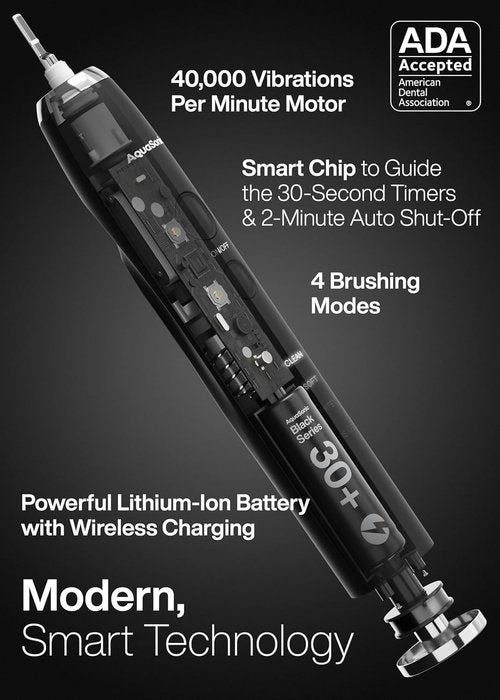 Aquasonic Black Series Ultra Whitening Toothbrush - ADA Accepted Electric Toothbrush with 8 Brush Heads & Travel Case | 40,000 VPM Motor & Smart Timer