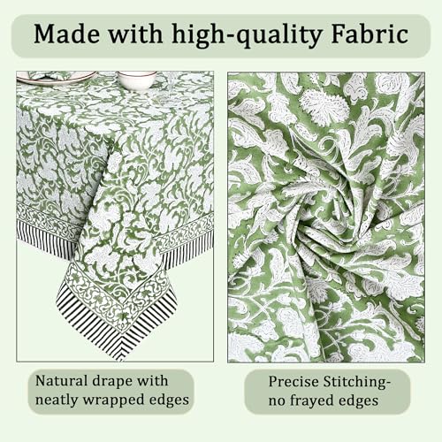 Ridhi Sage Green Hand Block Print Cotton Rectangular Tablecloth 108 x 60 Inches - Elegant Dining Decor