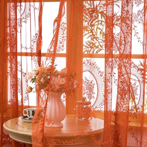 Orange Lace Curtains 55x63 Inches - 2 Panels, Halloween Sheer Floral Window Drapes - Variation of THIS listing