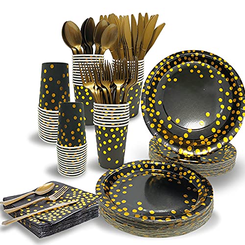 Black and Gold Disposable Party Plates Napkins Set for 50 Guests