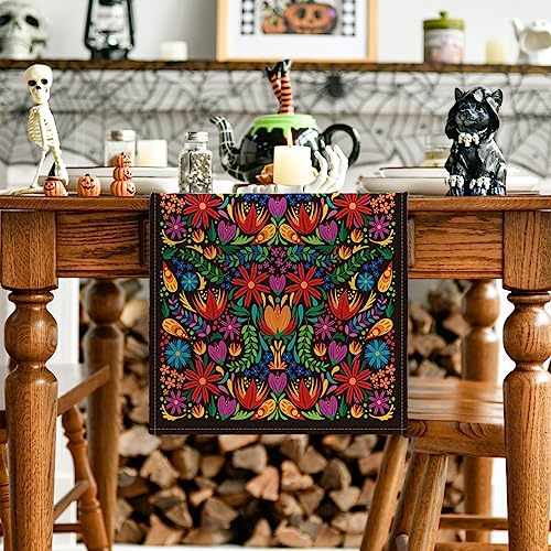 Dia De Los Muertos Floral Fiesta Mexican Table Runner 13x72 Black