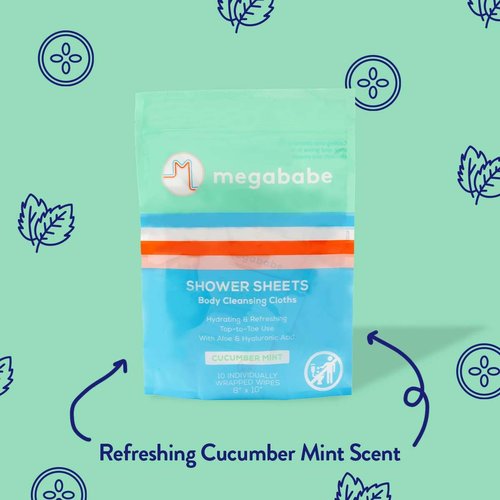 Megababe Cucumber Mint Shower Sheets | Individually Wrapped Body Cleansing Cloths | 10 Wipes (Pack of 1)
