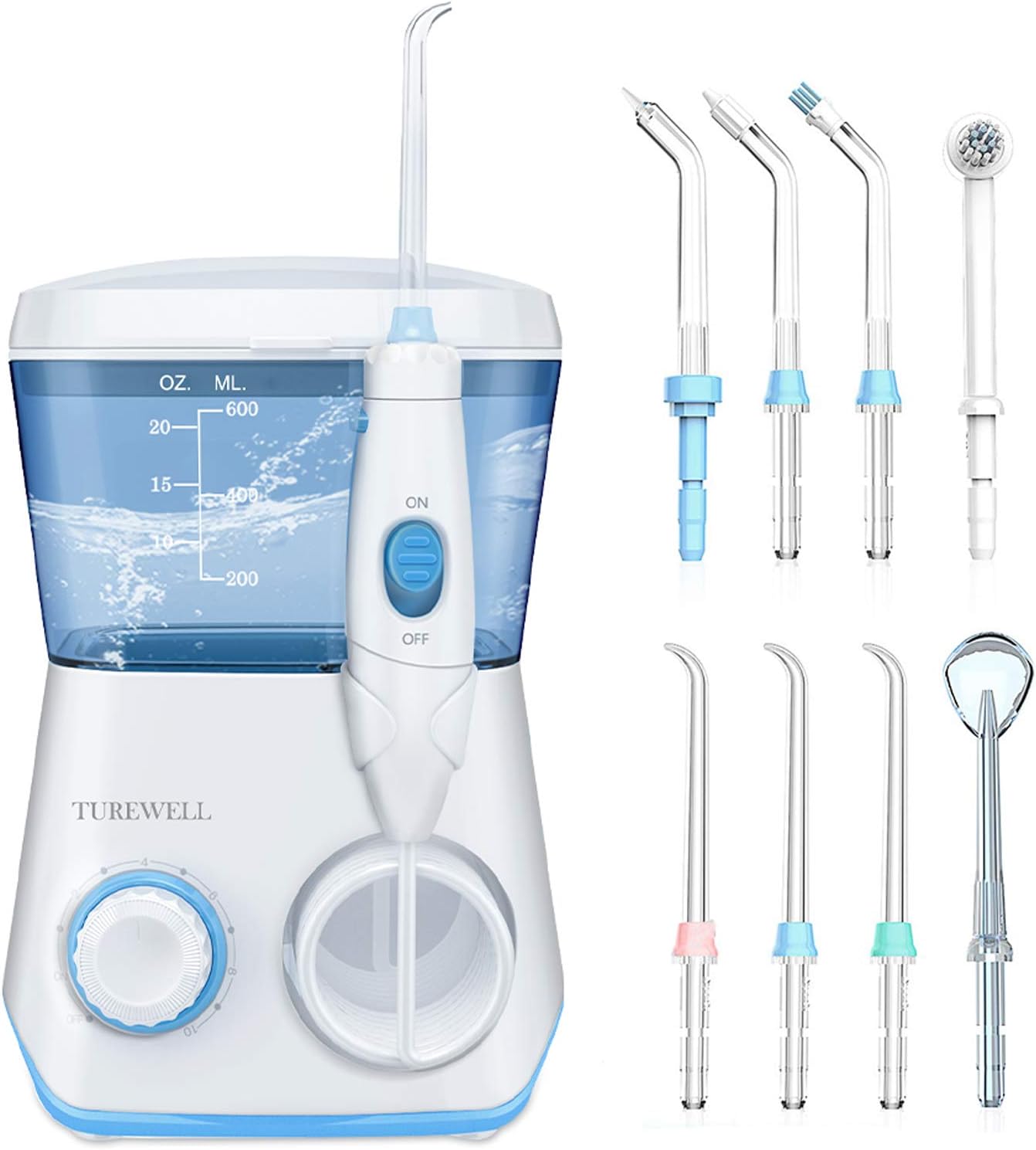 TUREWELL Water Flosser - 600ML Electric Oral Irrigator with 10 Pressure Settings & 8 Tips | Family Use (White)