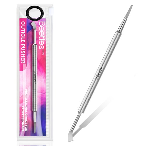 Beetles Pro 1-Pcs Dual-End Nail Pusher & Cuticle Cleaner - 14mm Serrated Edge & 5mm Curved Blade, Ergonomic Anti-Slip Handle, Professional Manicure Tool for Nail Care