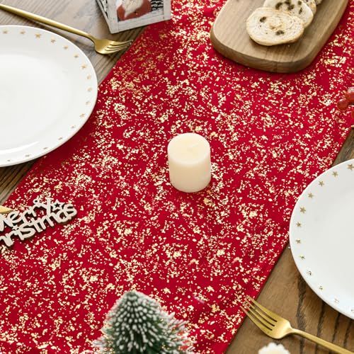 Red Dutch Fleece Table Runner 13x90 Inch Holiday Dining Decor Glitter Metallic Foil