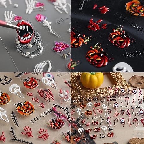 Halloween Nail Stickers - 8 Sheets 5D Embossed Skull Ghost Pumpkin Spider Bat Design - Variation of THIS listing