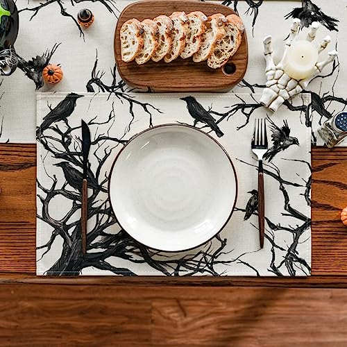 12x18 Inch Halloween Crows Tree Branches Placemats Set of 8 - Seasonal Fall Table Decor