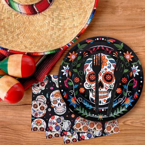 Day of the Dead Disposable Tableware Set - Mexican Sugar Skull Pattern for Fiesta & Celebrations - Serves 24