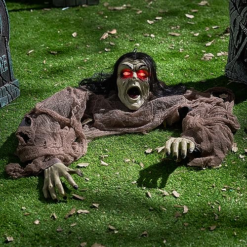 Halloween Zombie Decorations Outdoor Hanging Zombie Prop with Green Face and Lighted Eyes - Brown & Black Variation
