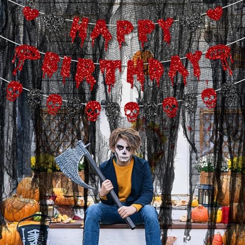 Halloween Birthday Banner Garland with Glitter Skull and Heart Decor