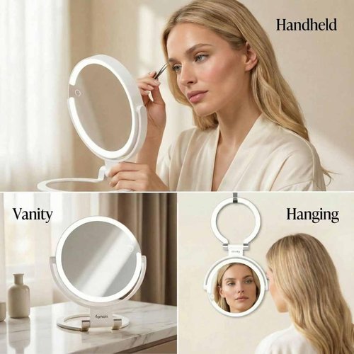 Fancii Travel Magnifying Mirror 10x /1x with Lights, Rechargeable | 9-Inch Extra Large LED Lighted Makeup Mirror, Folding Double Sided Portable Vanity Mirror, 3 Light Settings, Touch Sensor (Sadie)