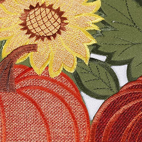 OWENIE Fall Thanksgiving Table Runner 13x90 Inch Embroidered Pumpkins Leaves Sunflowers - Autumn Home Decor
