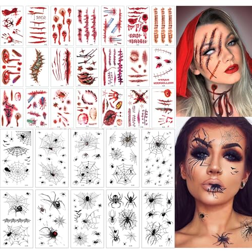 Halloween Fake Scar & Spider Web Temporary Tattoos - 40 Sheets for Cosplay & Party