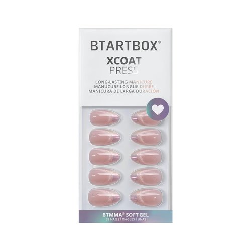 BTArtbox Press On Nails Almond - Diamond Dust, Lamp-Curable Cat Eye Chrome French Tip Short Press On Nails with Glue and Adhesive Tabs for Women in 16 Sizes - 32 Soft Gel Glue On Nails Kit