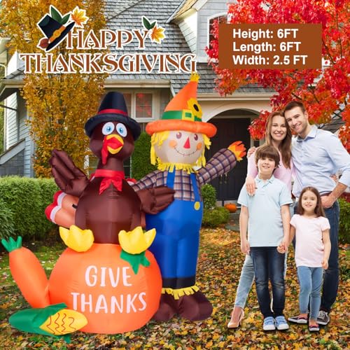 6 Ft Outdoor Thanksgiving Inflatable Turkey and Scarecrow Decor