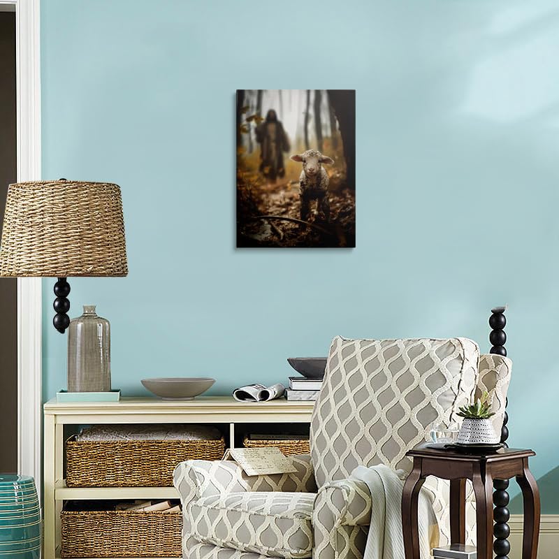 Jesus Shepherd Wall Art Canvas - Jesus Running After Lost Lamb 24x16 Inches - Christian Home Decor