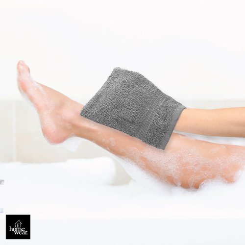 Homewear High Rise Stripe 6 Pack 6 x 8.5 Wash Mitt Set, Low Twist, Highly Absorbent, Gentle Hand and Face Cloth, European Style with Loop, Grey