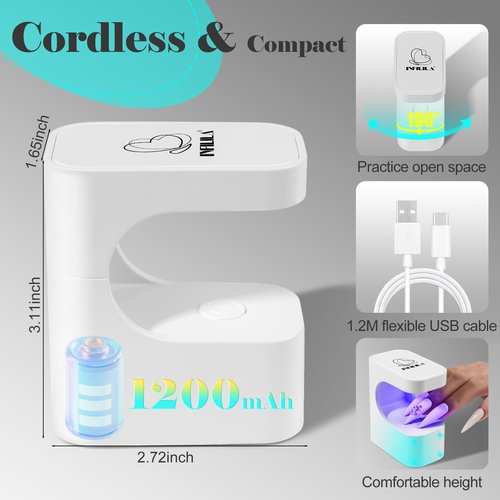 NXJ INFILILA Mini UV Nail Lamp, Cordless Portable LED Light for Gel Nails - Fast Flash Cure for Builder Gel & Single Nail Repair, 6 Beads, Ideal for Travel, Beginners & Quick Fixes White
