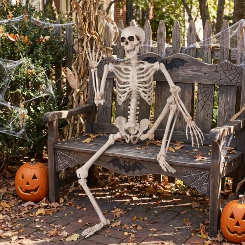 Full Body Skeleton Halloween Decoration - Life Size Posable Skeleton with Light-Up Eyes & Body, 5.2 ft