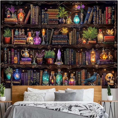 Witch Bookshelf Tapestry Wall Hanging - 80x60 Rust Brown Decorative Wall Art