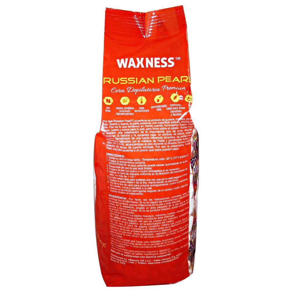 Waxness Russian Pearl Hard Wax Beads 2.2 lb (1 kg) – Rosin-Free Stripless Hard Wax with Creamy Texture and Skin Visibility, Professional Use – Made in Italy