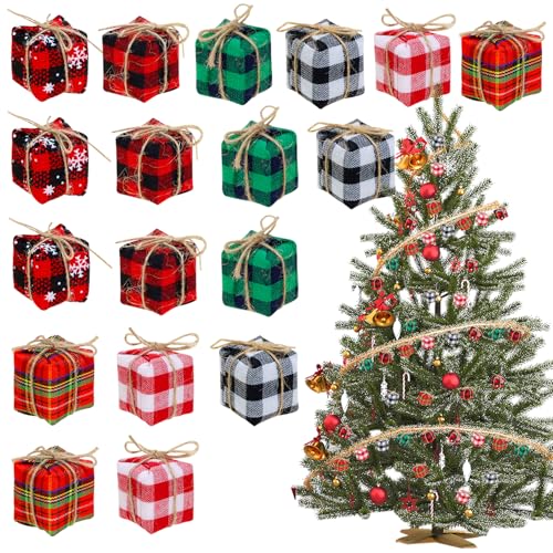 Mini Christmas Tree Ornaments Set - 24 Tiny Gift Box Decorations for Holiday Tree & Party