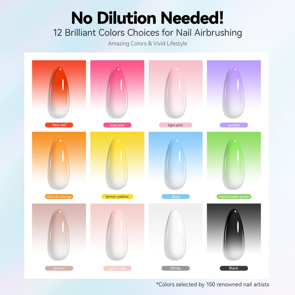 vrenmol 12PCS Airbrush Gel Nail Polish Hema-Free: No Need Dilution Airbrush Gel Nail Polish 12 Bright Colors Airbrush for Nails Paint Stencils Patterns Gradients Ombre French Nails Manicure Pedicure