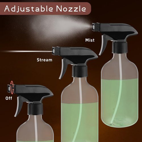 Skiennix 500ml Clear Boston Round Spray Bottles - Adjustable Nozzle for Fine Mist | Reusable Plastic Containers