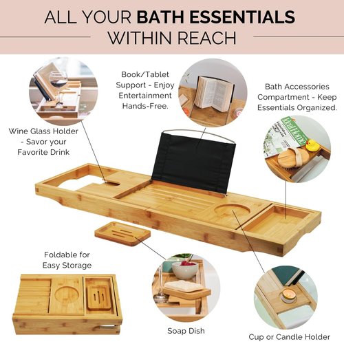 Foldable Bathtub Tray Caddy - Expandable Bath Tray for Tub | Secure, Non-Slip Bathtub Caddy for Tub for Bath Accessories, Self Care Home Spa Gift Set, Relaxing Gifts for Women, New Moms, House Warming