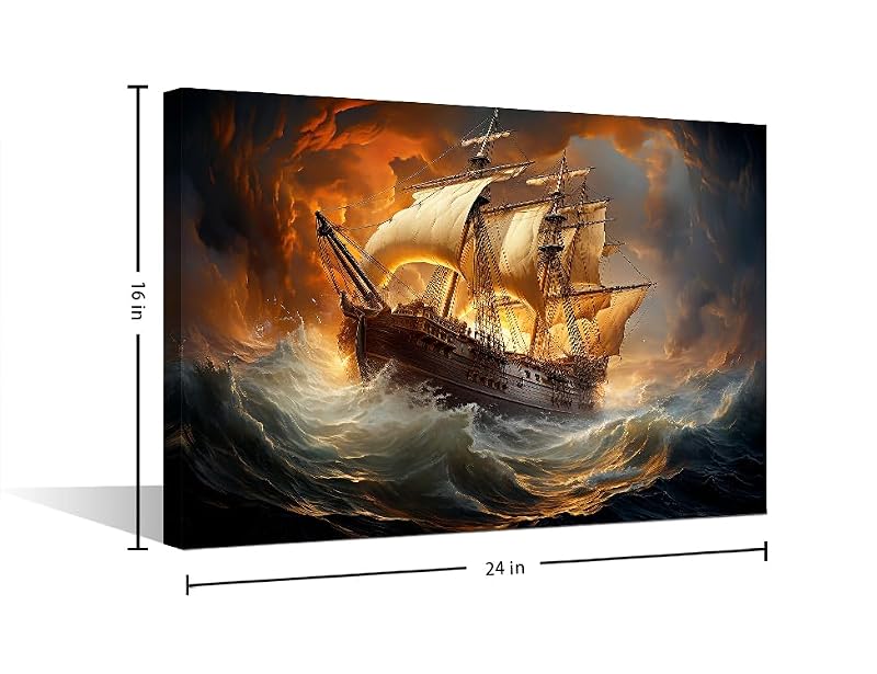 Pirate Ship Wall Art Canvas - Stormy Ocean Sunset Scene - 24x16 in - Framed Wall Decoration - Fantasy Boat Picture - Ready to Hang