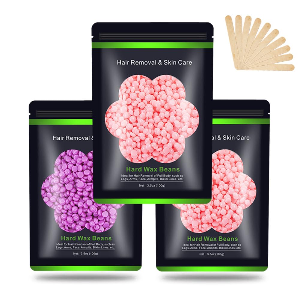 Wax Beads for Hair Removal 10.5oz (300g), Auperwel Hard Wax Beads Beans for Sensitive Skin Brazilian Waxing, Face, Bikini, Eyebrow, Legs, Painless for Women Men, 3 packs Kit with 10 Sticks