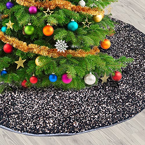 AtiMing 48 Inch Black Sequin Christmas Tree Skirt Sparkly Xmas Base Cover