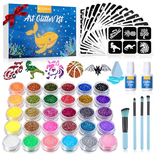 Kids Glitter Tattoo Kit - 30 Colors, 147 Templates, Safe & Easy to Use - Variation of 30 Glitter