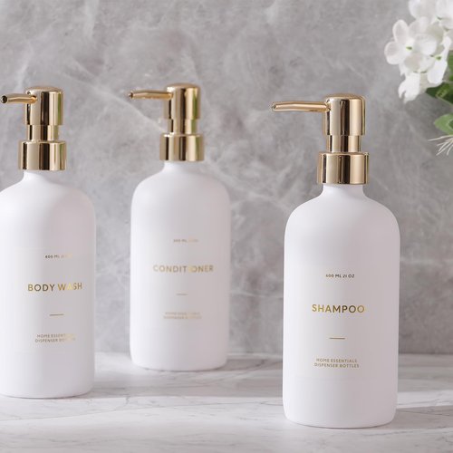 HOMCDALY Shampoo and Conditioner Dispenser, 21oz 3-Pack Refillable Pump Bottles, Shampoo Container, Empty Pump Bottle, Bathroom Shower Dispenser（21oz-White&Gold）