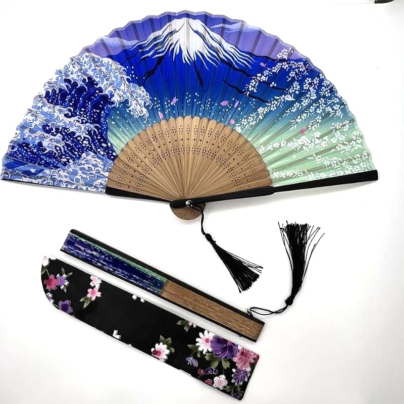 Night Edition Foldable Hand Fan for Women - Vintage Bamboo Silk Fan with Tassel & Pouch