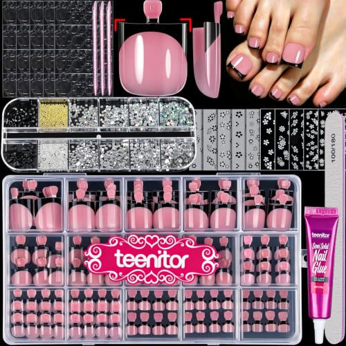Pink French Square Toe Nail Press On Kit with Gems & Stickers - Teenitor