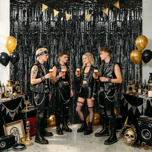 Black Foil Fringe Curtains - 3 Pack, 8.2x3.3ft Party Backdrop for Events - Variation of 3