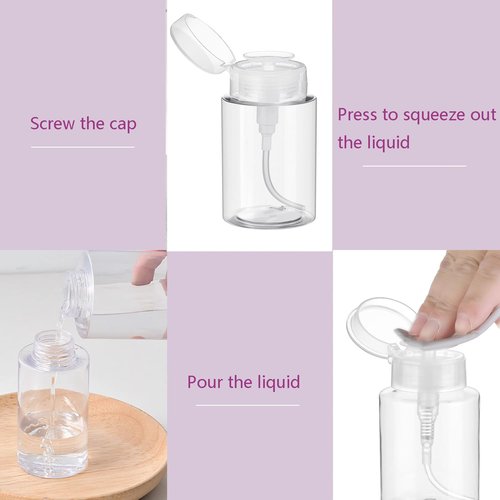 Moonlik 3Pack Acetone Dispenser, Push Down Pump Dispenser Nail Polish Remover Alcohol Bottle with Labels Empty Travel Container with Label for Makeup Liquid Jar 6.7oz/200ML