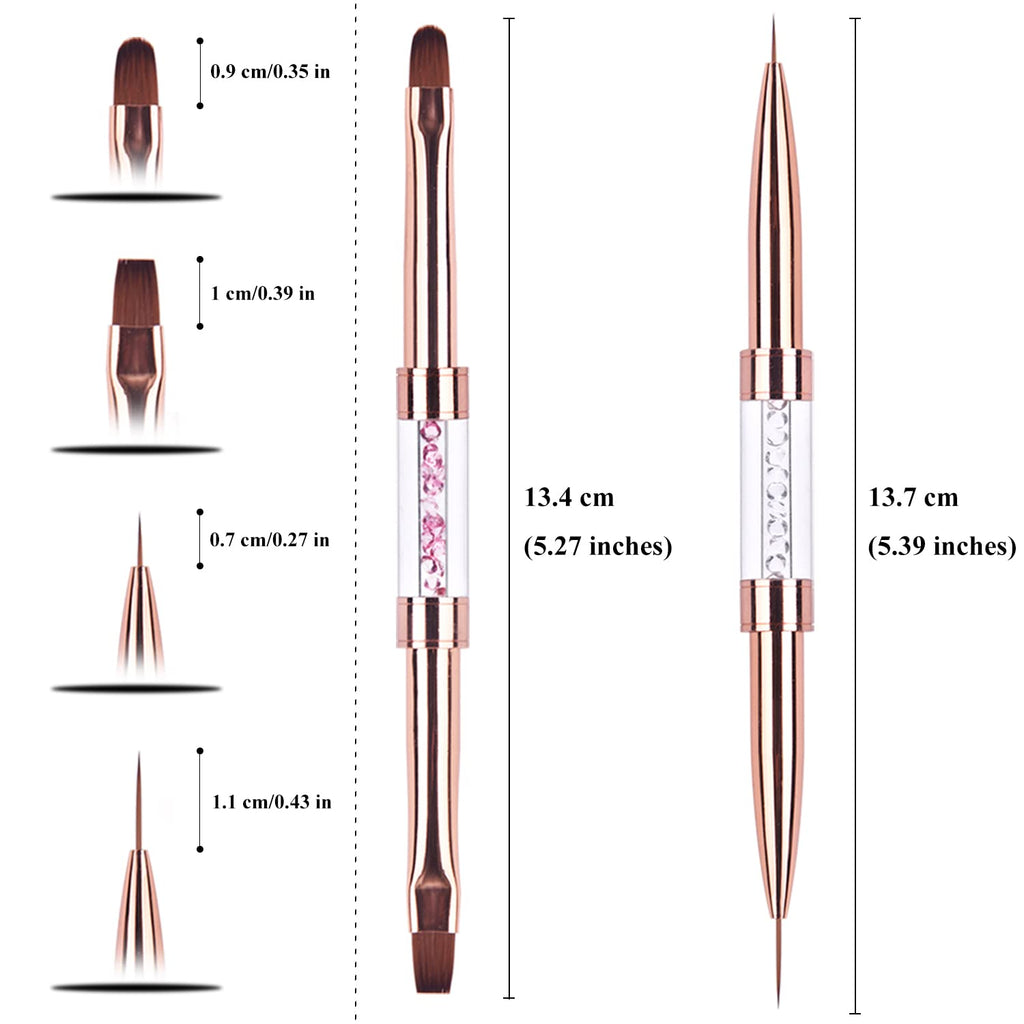 Ycyan 2Pcs Dual-ended UV Gel Nail Brush Set Rhinestone Handle Nail Art Design Brushes Professional Nail Tools Rose Gold
