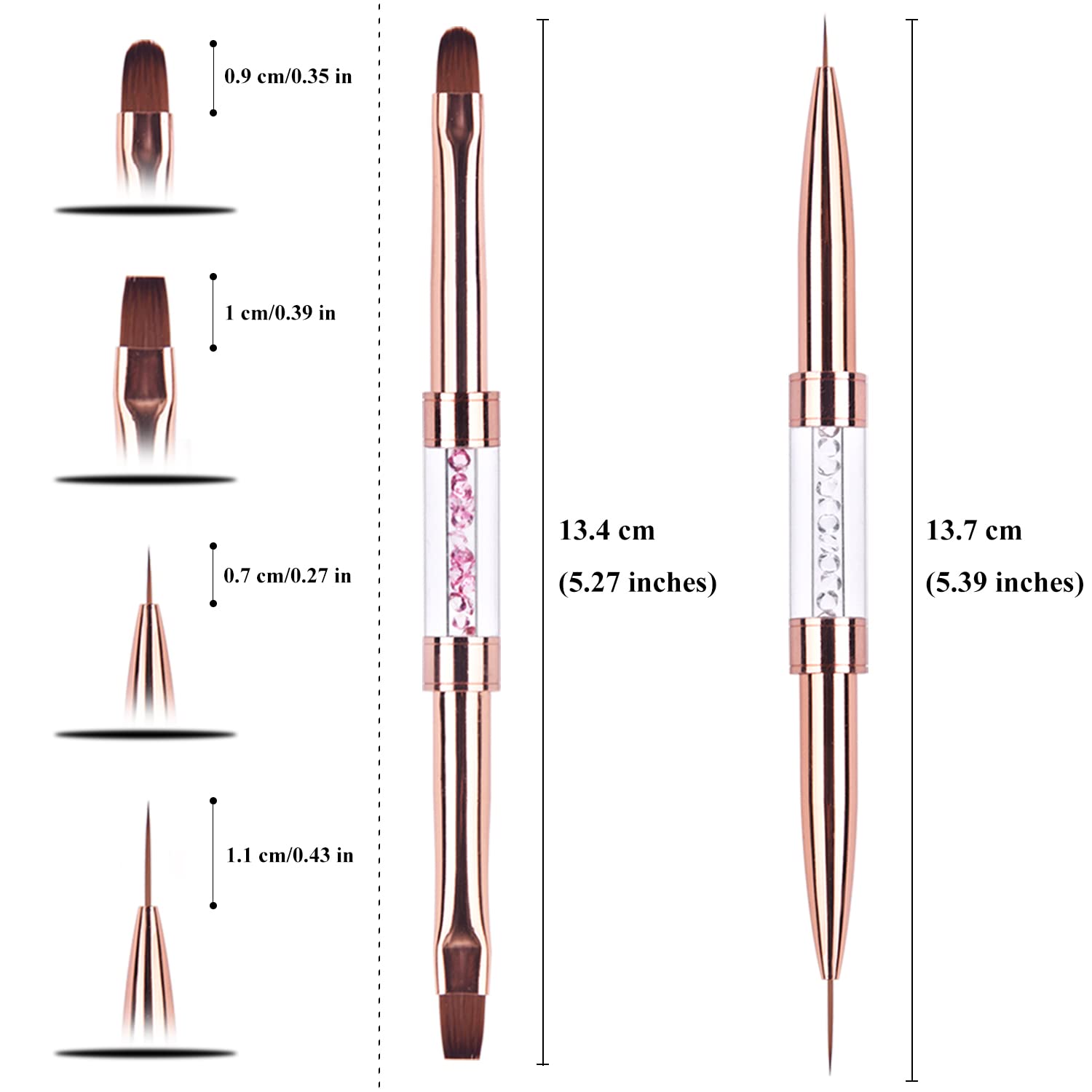 Ycyan 2Pcs Dual-ended UV Gel Nail Brush Set Rhinestone Handle Nail Art Design Brushes Professional Nail Tools Rose Gold