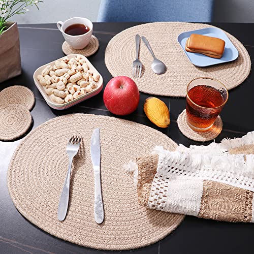 Khaki Jute Woven Oval Placemats Set of 6 - Heat Resistant Farmhouse Table Mats