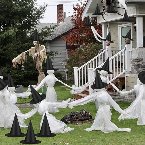 36 Pack Hanging Witches Hats for Halloween Decor - Black Floating Witch Hat with 492 ft Rope - Outdoor Porch Decorations - Variation of 36