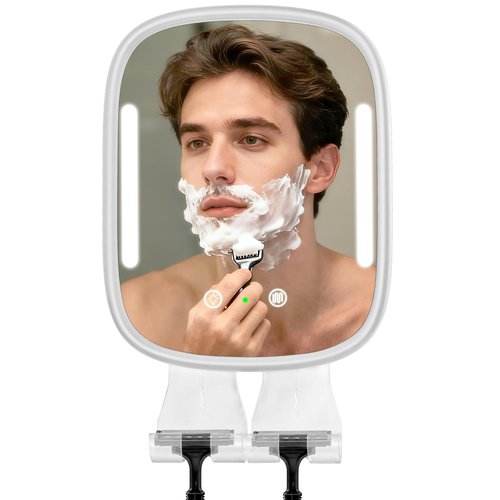 Showvigor Heated Shower Mirror Fogless for Shaving with Light, Rechargeable Battery, Detachable Adhesive Hook & Razor Holder, NO-Drilling Waterproof Anti-Fog Mirror, Gift for Men(White)