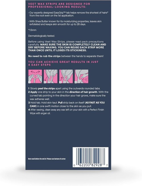VEET Sugar Wax Strips For Women's Body Hair Removal, Bikini Hair Removal Kit, Pubic, Dermatologically Tested For Body & Intimate Areas, 40ct Wax Strips with Shea Butter & 4ct Wipes (Pack of 3)