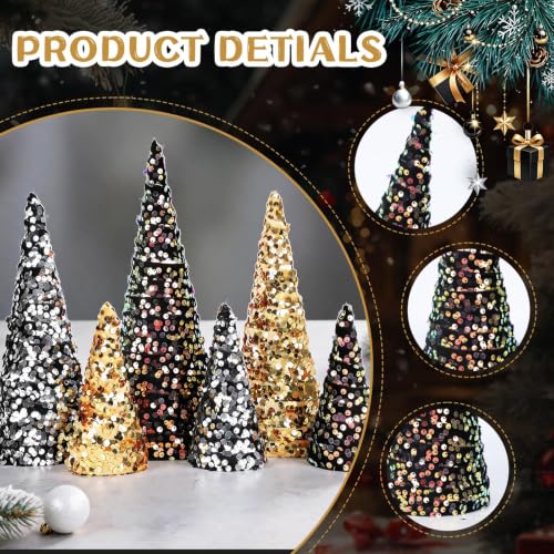 Black Gold Christmas Sequin Cone Tree Decorations Set - Tiered Holiday Tabletop Trees