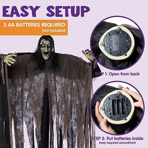 Halloween Zombie Decorations Outdoor Hanging Zombie Prop with Green Face and Lighted Eyes - Brown & Black Variation